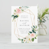 Faire-part de mariage de cadre or à fleurs blanche (Debout devant)