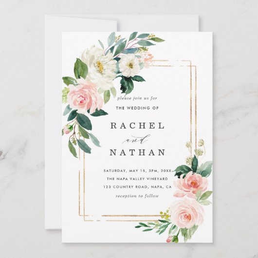 Faire-part de mariage de cadre or à fleurs blanche (Devant)