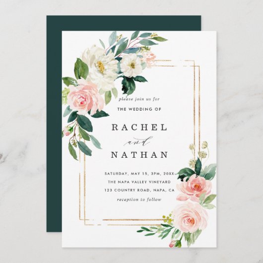 Faire-part de mariage de cadre or à fleurs blanche (Devant / Derrière)