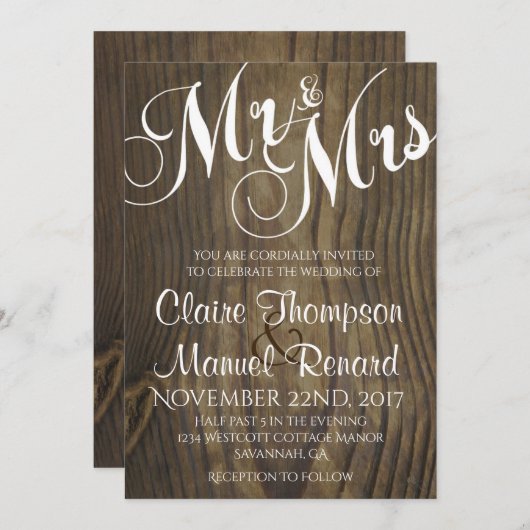 Faire-part de mariage de calligraphie en bois rust (Devant / Derrière)