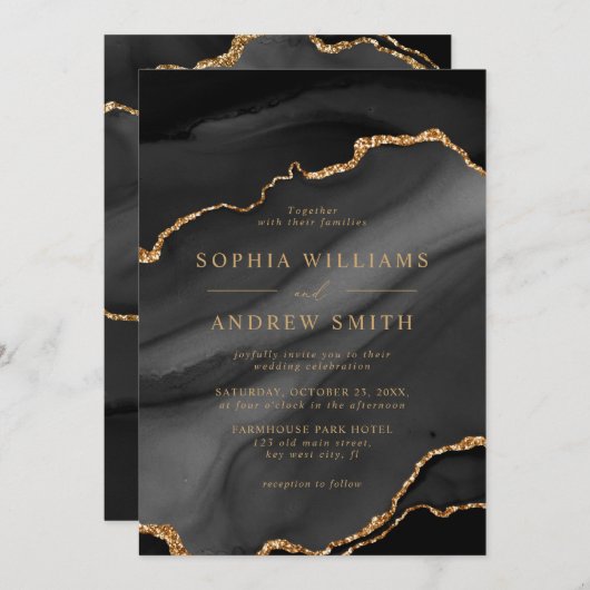 Faire-part de mariage de calligraphie noir et or (Devant / Derrière)