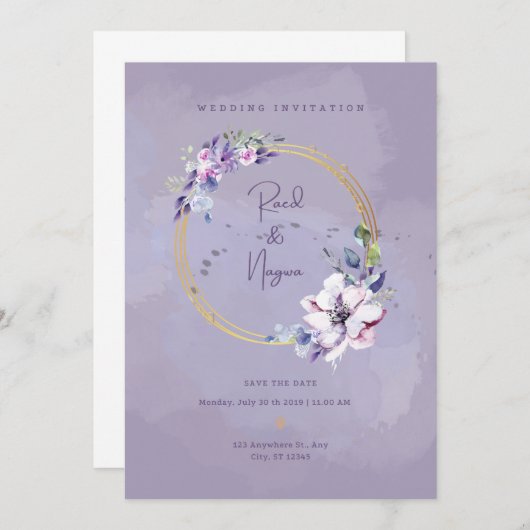 Faire-part de mariage de carte violet (Devant / Derrière)