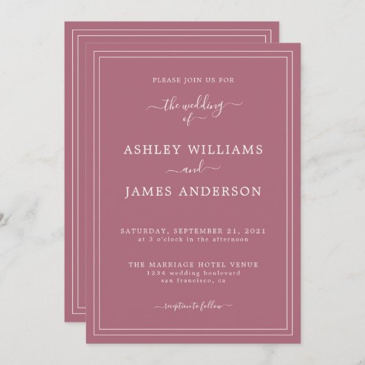 Faire-part de mariage de châssis violet de script  (Devant / Derrière)