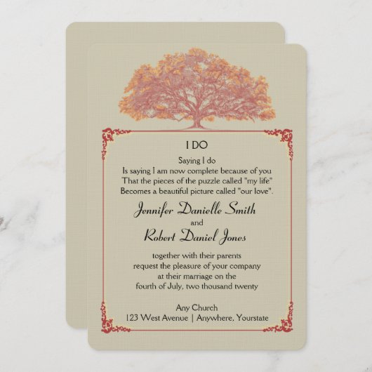 Faire-part de mariage de chêne d'automne (Devant / Derrière)