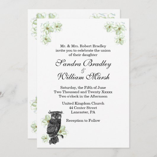 Faire-part de mariage de chouette et de fleurs ver (Devant / Derrière)