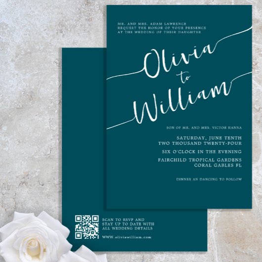 Faire-part de mariage de code QR de script turquoi