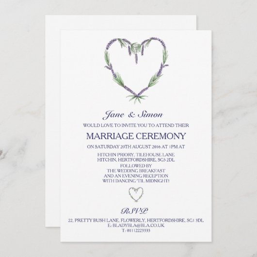 Faire-part de mariage de coeur de lavande (Devant / Derrière)