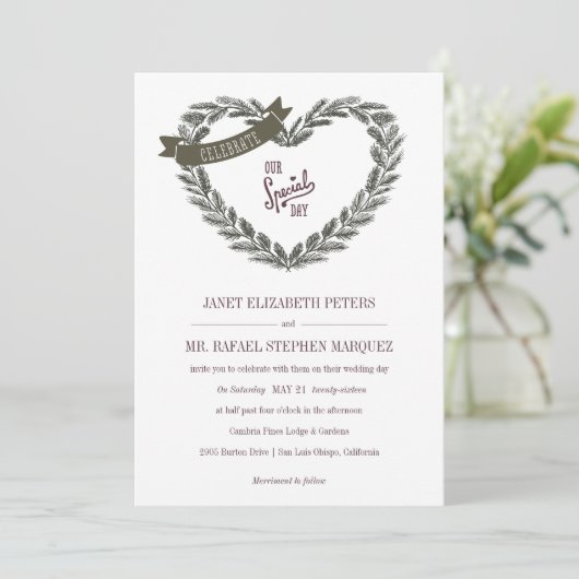 Faire-part de mariage de coeur de pin rustique (Debout devant)