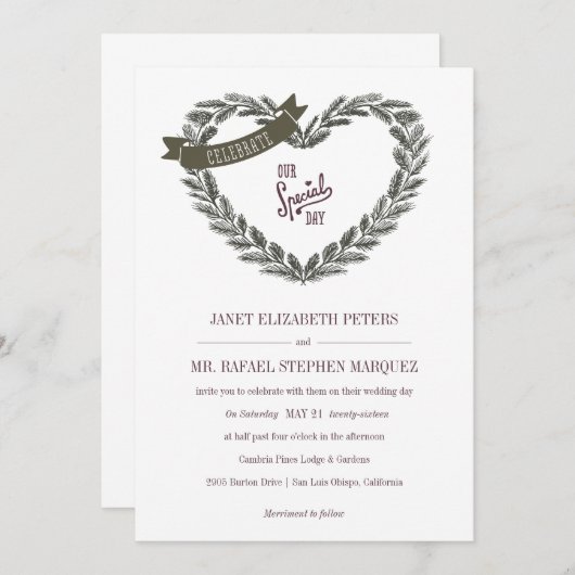 Faire-part de mariage de coeur de pin rustique (Devant / Derrière)