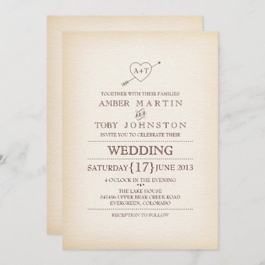 Faire-part de mariage de coeur et de flèche rustiq (Devant / Derrière)