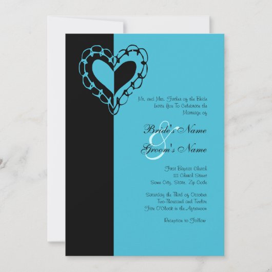 Faire-part de mariage de coeur noir et turquoise (Devant)