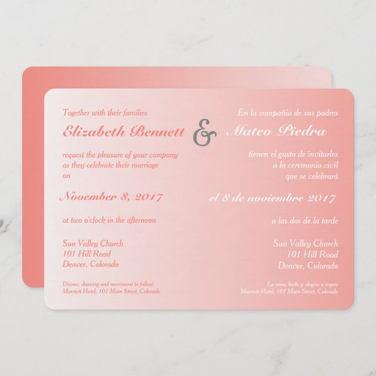 Faire-part de mariage de corail bilingue d'Ombre (Devant / Derrière)
