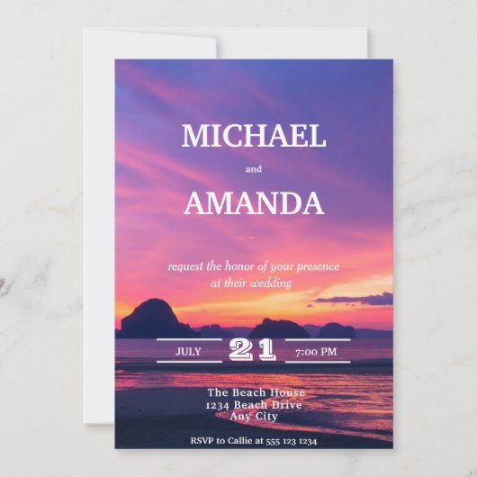 Faire-part de mariage de coucher de soleil de plag (Devant)