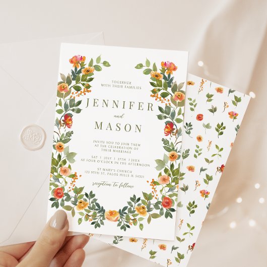 Faire-part de mariage de couronne de fleurs orange