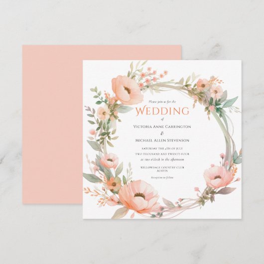 Faire-part de mariage de couronne de fleurs rose (Devant / Derrière)