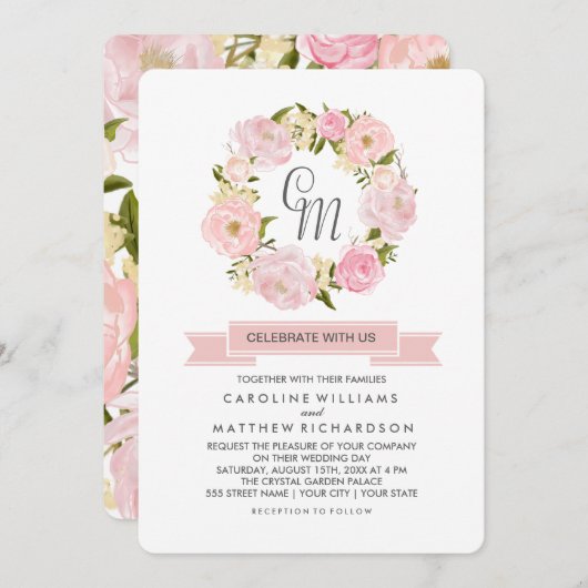 Faire-part de mariage de couronne rose pâle (Devant / Derrière)