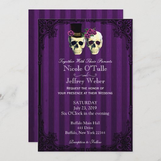 Faire-part de mariage de crânes de mariée violette (Devant / Derrière)