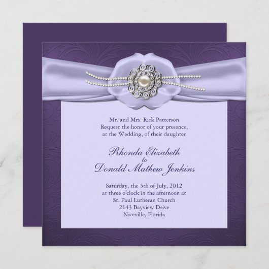 Faire-part de mariage de damassé pourpre et de (Devant / Derrière)