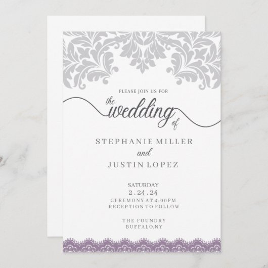 Faire-part de mariage de défilement gris et violet (Devant / Derrière)