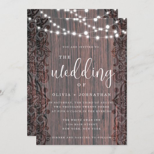 Faire-part de mariage de dentelle en bois rustique (Devant / Derrière)