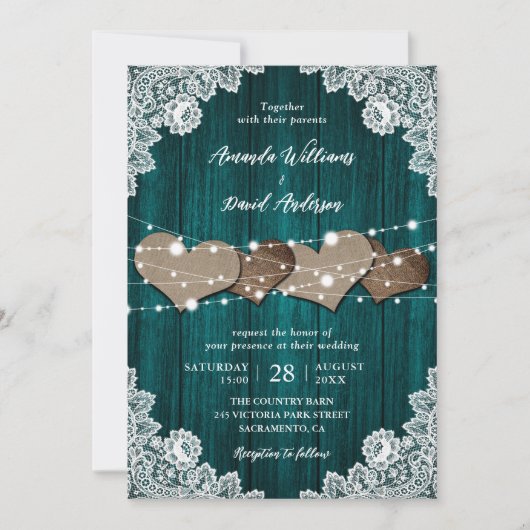 Faire-part de mariage de dentelle en bois Turquois (Devant)