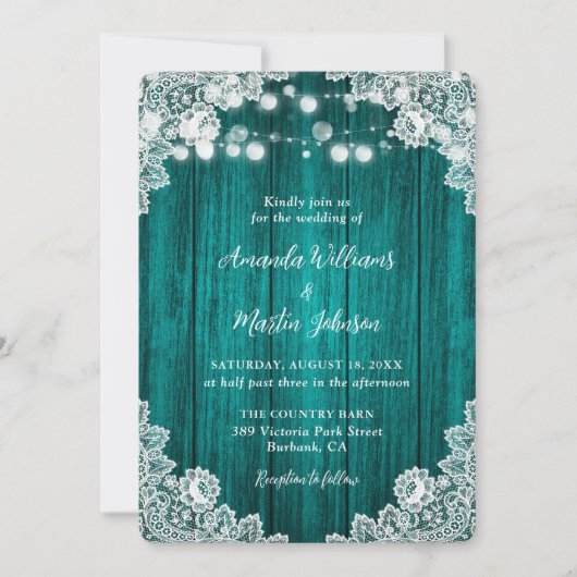 Faire-part de mariage de dentelle en bois Turquois (Devant)