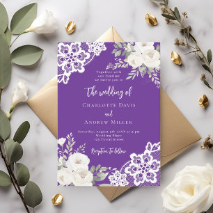Faire-part de mariage de dentelle pourpre blanche