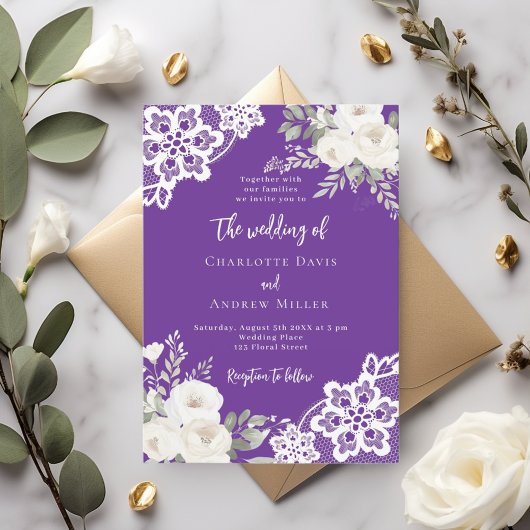 Faire-part de mariage de dentelle pourpre blanche