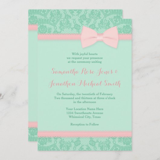 Faire-part de mariage de dentelle rose (Devant / Derrière)