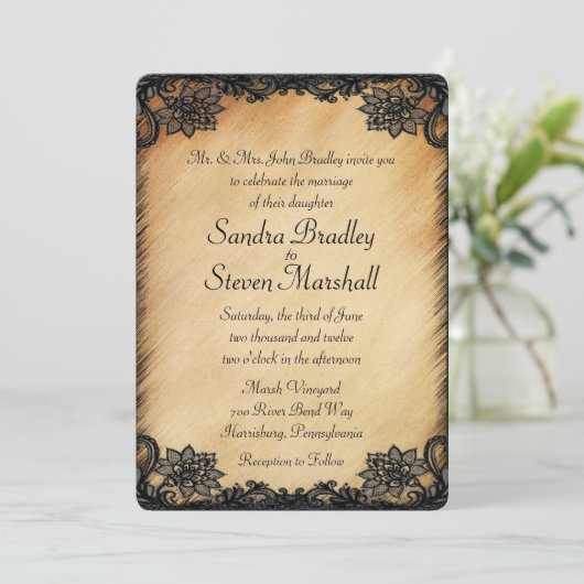 Faire-part de mariage de dentelle rustique (Debout devant)