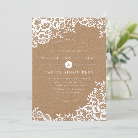 Faire-part de mariage de dentelle rustique (Debout devant)