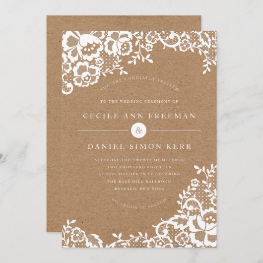 Faire-part de mariage de dentelle rustique (Devant / Derrière)