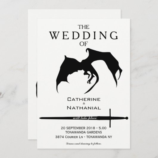 Faire-part de mariage de dragon médiéval minimalis (Devant / Derrière)