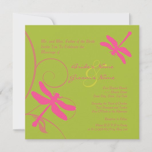Faire-part de mariage de dragon vert et rose (Devant)
