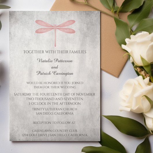 Faire-part de mariage de dragonette rose