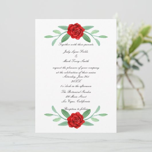 Faire-part de mariage de feuillage de fleurs rouge (Debout devant)