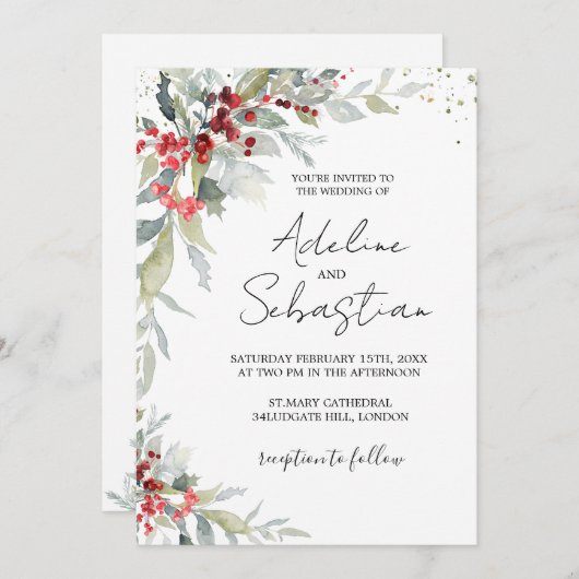 Faire-part de mariage de feuillage des baies rouge (Devant / Derrière)
