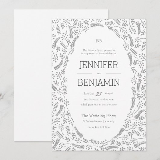 Faire-part de mariage de feuillage gris moderne (Devant / Derrière)
