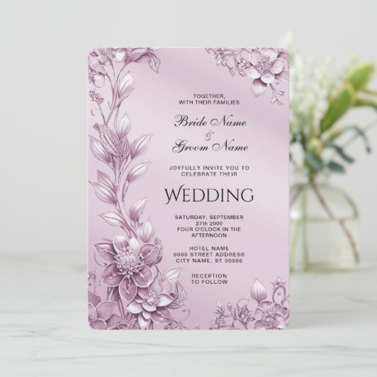 Faire-part de mariage de feuillage rose (Debout devant)