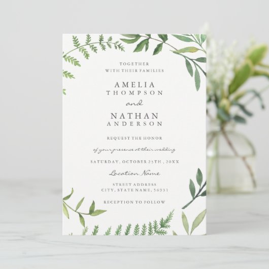 Faire-part de mariage de feuille d'aquarelle verte (Debout devant)