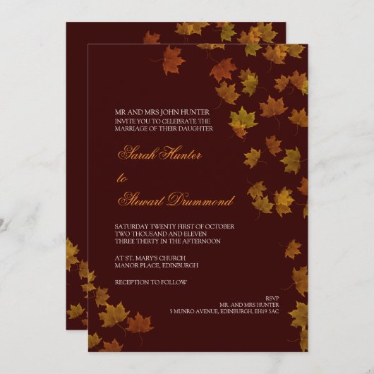 Faire-part de mariage de feuille d'érable (Devant / Derrière)