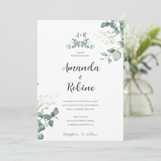 Faire-part de mariage de feuille d'eucalyptus mode (Debout devant)