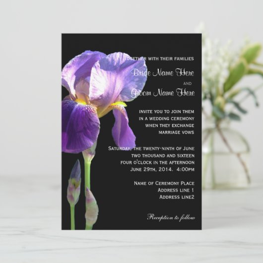 Faire-part de mariage de fleur d'iris pourpre (Debout devant)