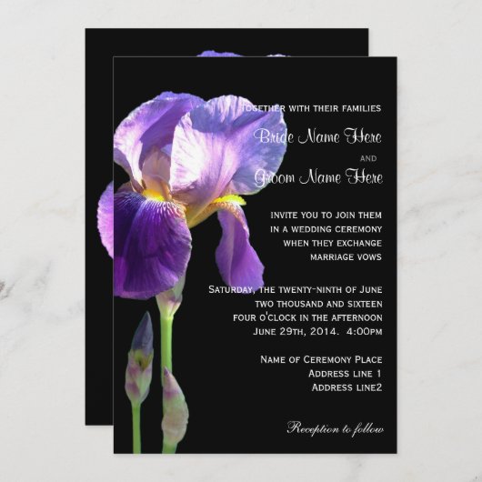 Faire-part de mariage de fleur d'iris pourpre (Devant / Derrière)