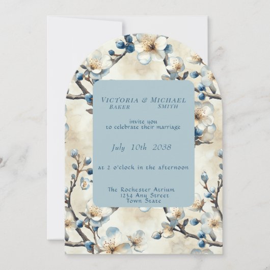 Faire-part de mariage de fleurs blanches en bleu p (Devant)