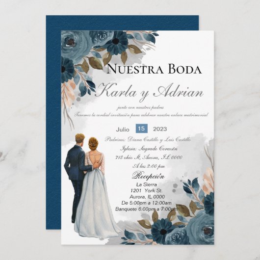 Faire-part de mariage de fleurs bleu marine (Devant / Derrière)