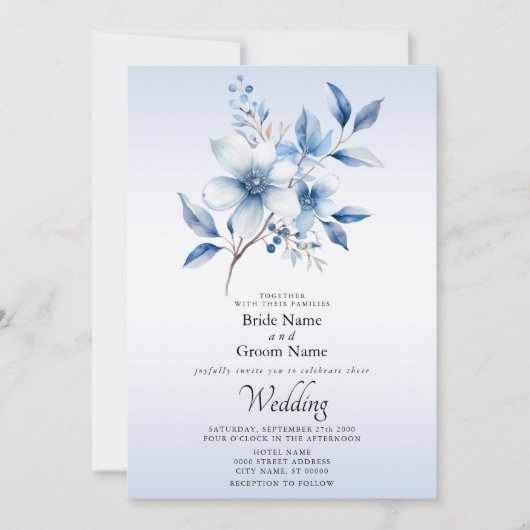Faire-part de mariage de fleurs bleues botaniques (Devant)