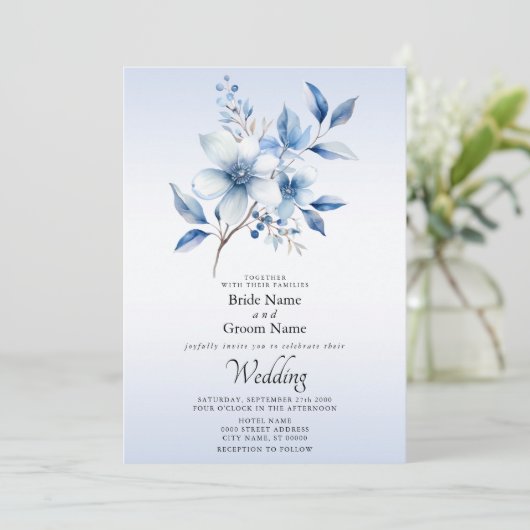Faire-part de mariage de fleurs bleues botaniques (Debout devant)