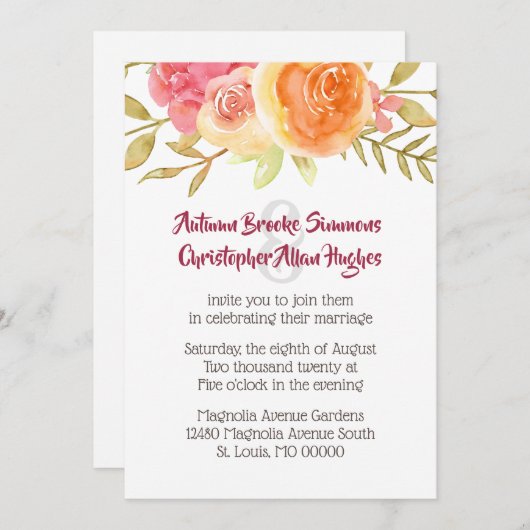 Faire-part de mariage de fleurs d'aquarelle Pastel (Devant / Derrière)