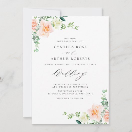 faire-part de mariage de fleurs de pêche aquarelle (Devant)